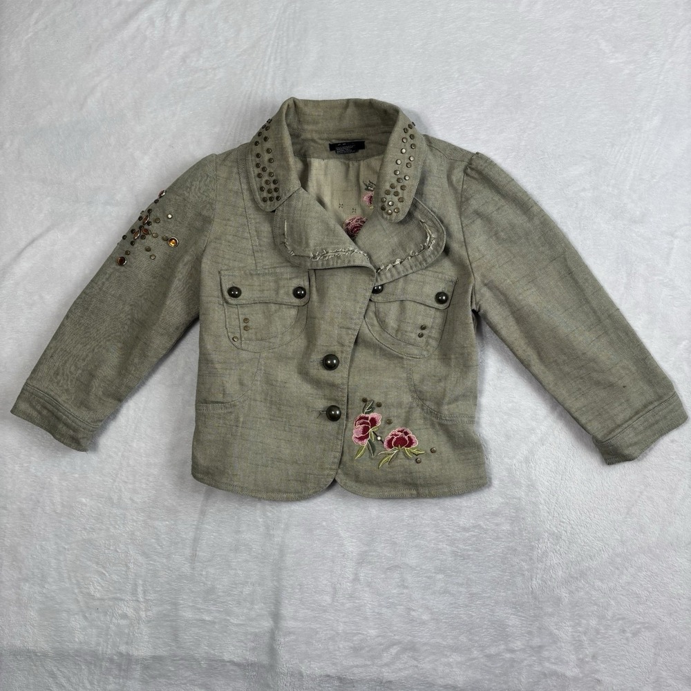 Y2K Cell Embroidered Floral Embillished Green Long Sleeve Jacket Women's Small